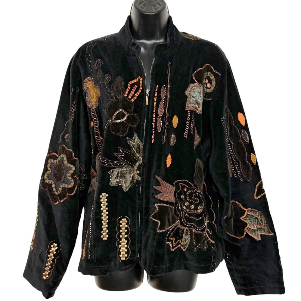 Vtg Y2K Christopher Banks Velvet Embroidered Jacket Black Floral Whimsigoth XL